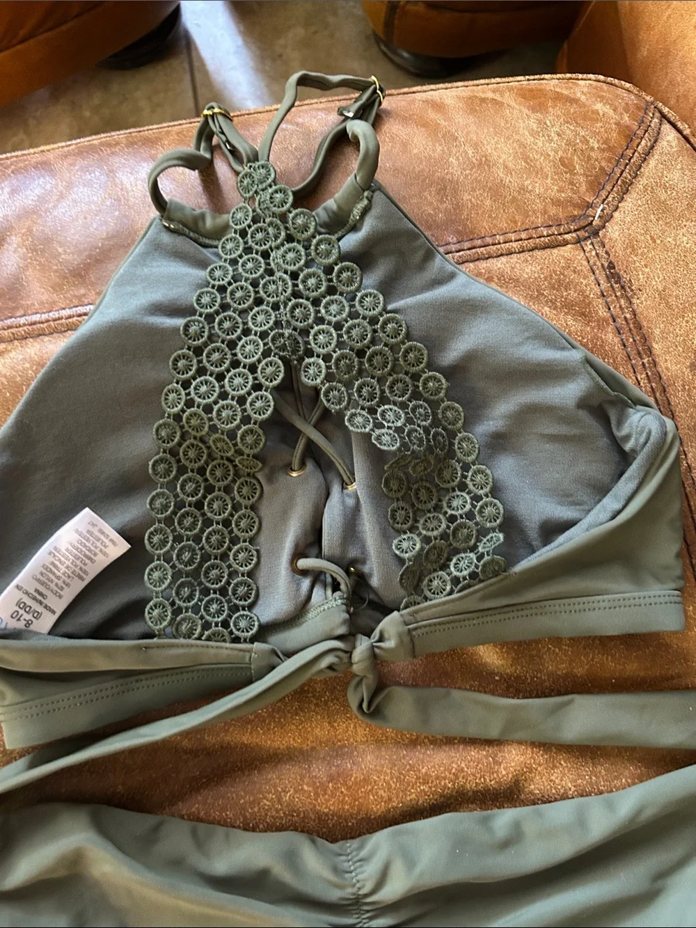 Time and Tru Olive Green High Neck Lace-Up Bikini with Pink Floral Embroidery